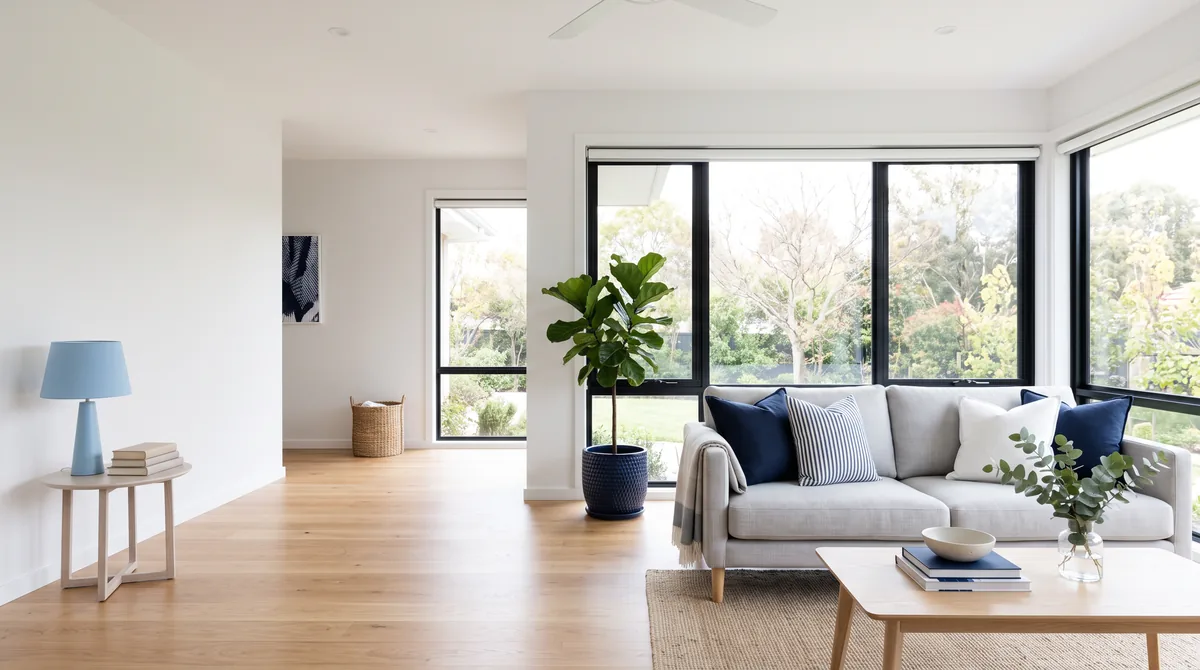 Bright, spotlessly clean modern living room cleaned by professional house cleaning service Spotless Clean Experts